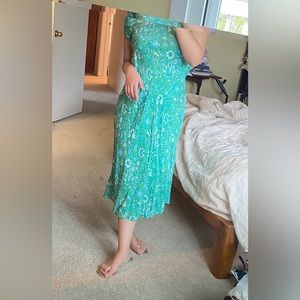 Jcrew cap sleeve green floral cupro blend midi dress